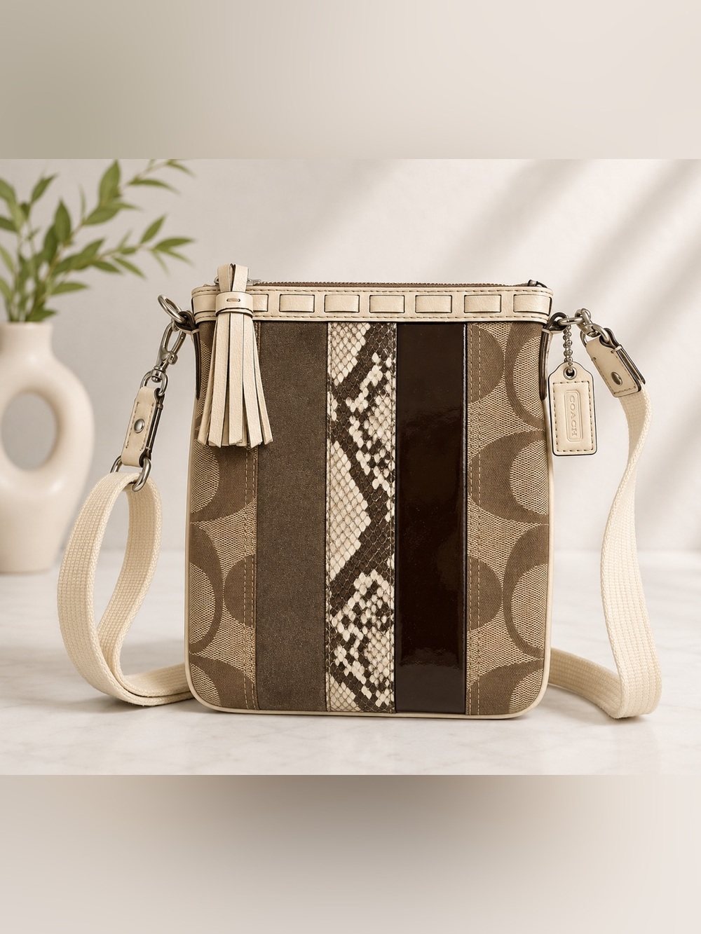Vintage Coach Signature Patchwork Crossbody Bag in Taupe and Brown